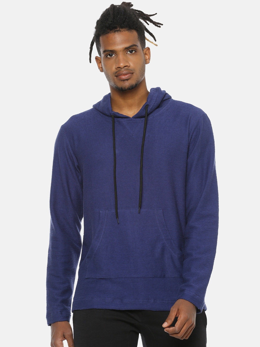 

Campus Sutra Men Navy Blue Self-Striped Hooded Sweatshirt