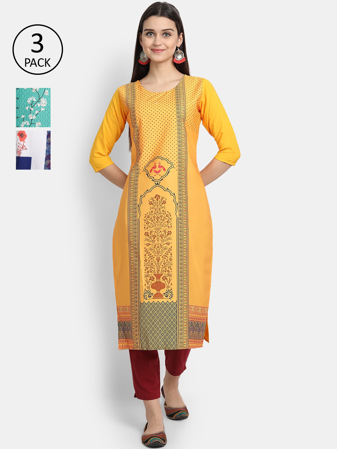 

Ethnic basket Women Pack Of 3 Multicoloured Ethnic Motifs Printed Crepe Kurta, Multi
