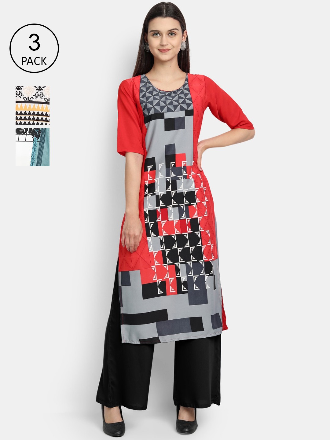 

Ethnic basket Women Pack Of 3 Geometric Printed Crepe Kurta, Red