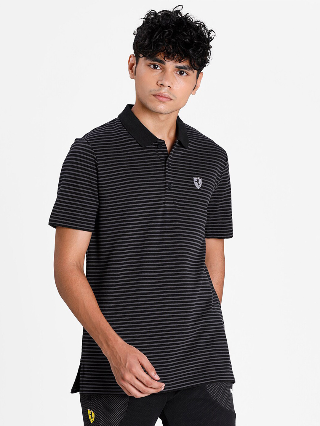 

Puma Men Black & Grey Striped Ferrari Logo Polo Collar Motorsport T-shirt