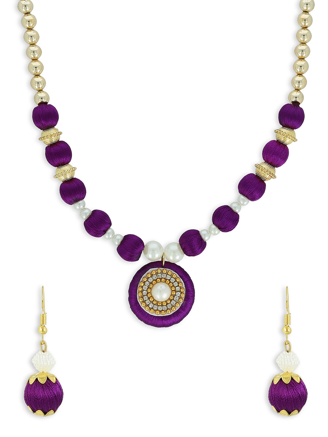 

AKSHARA Gold-Plated Purple & White Stone-Studded Beaded Handcrafted Jewellery Set