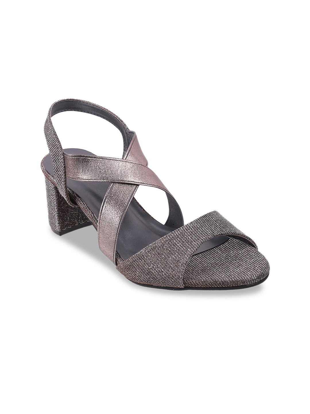 

WALKWAY by Metro Women Gunmetal-Toned Solid Block Heels with Criss-Cross & Shimmer Detail, Metallic