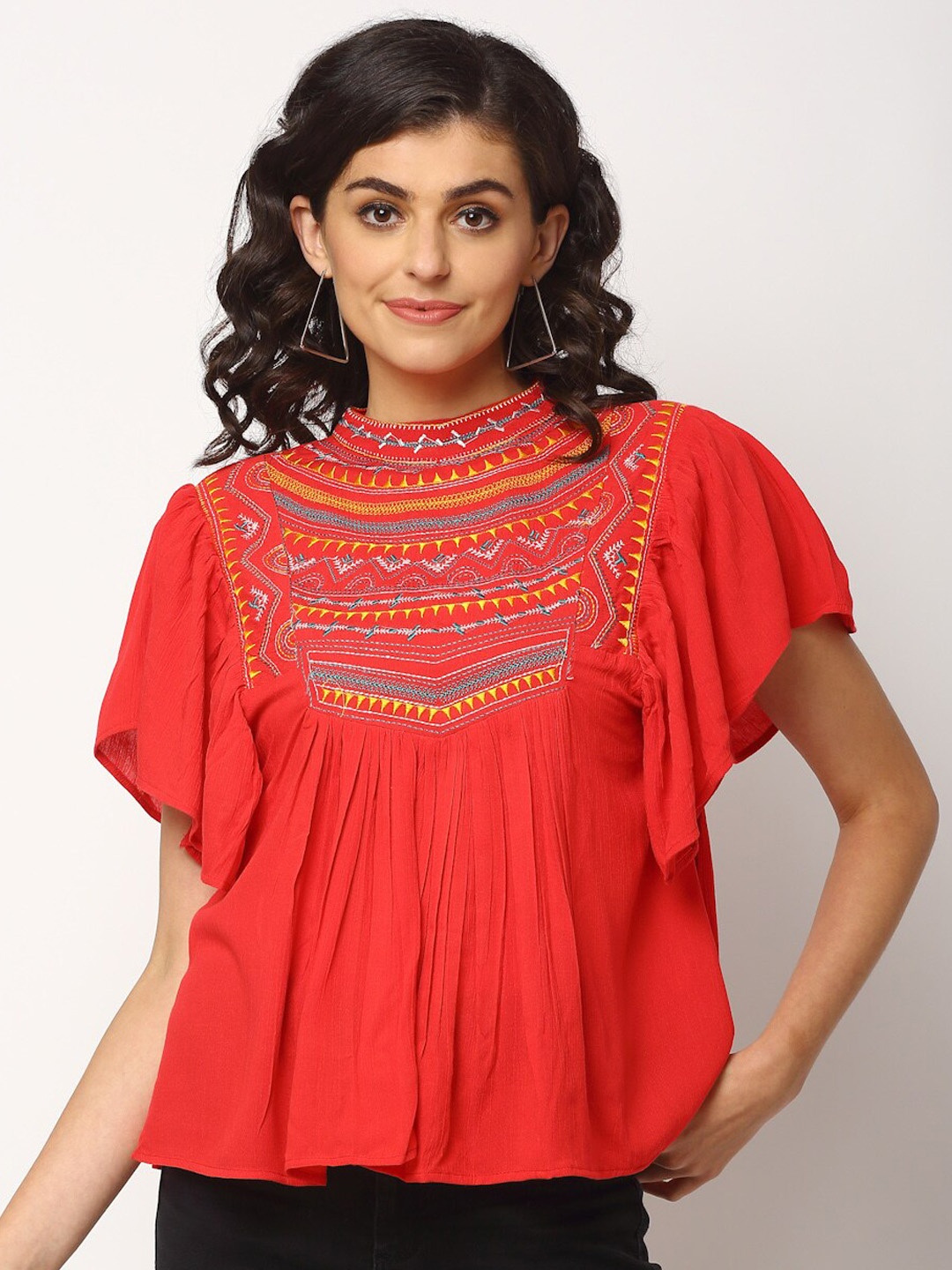

Miaz Lifestyle Women Red & Yellow Embroidered A-Line Top