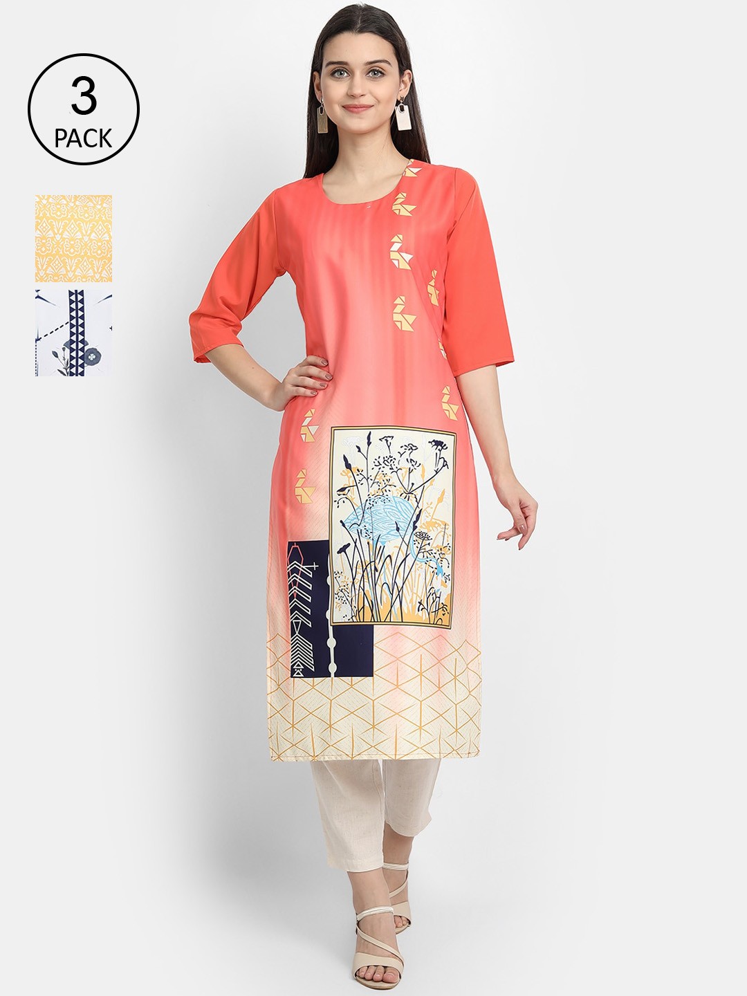 

Ethnic basket Women Pack Of 3 Ethnic Motifs Printed Crepe Kurta, Multi