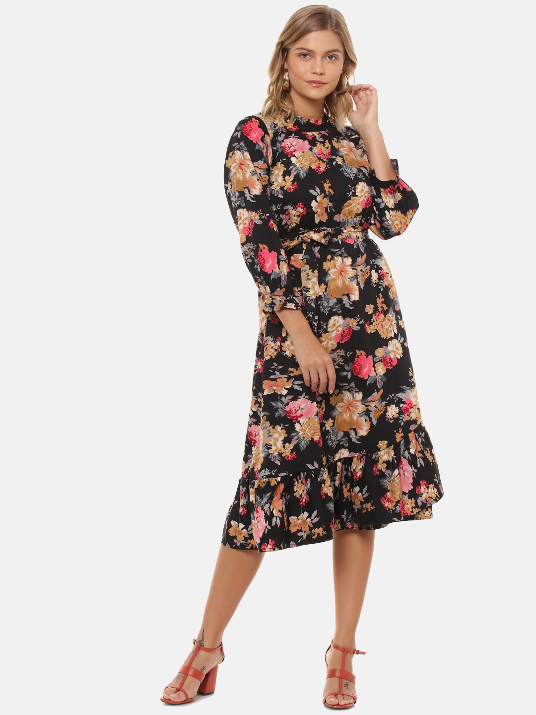 

Campus Sutra Women Black Pure Cotton Floral Print A-Line Midi Dress