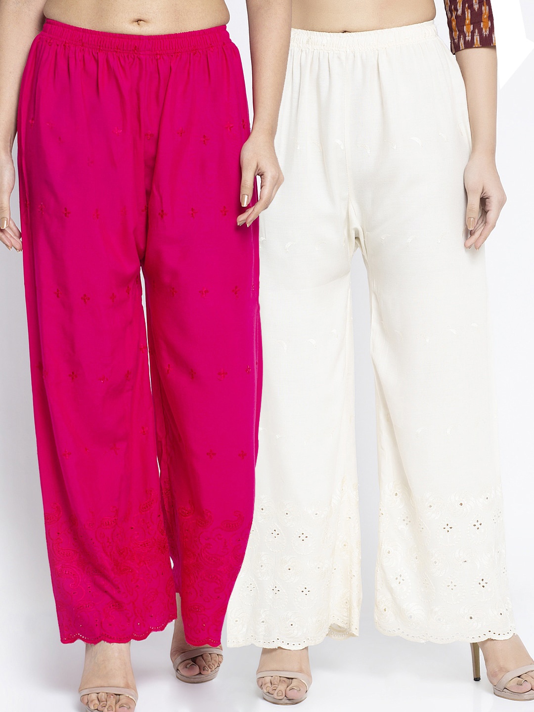 

GRACIT Women Pack of 2 Embroidered Wide Leg Palazzos, Pink