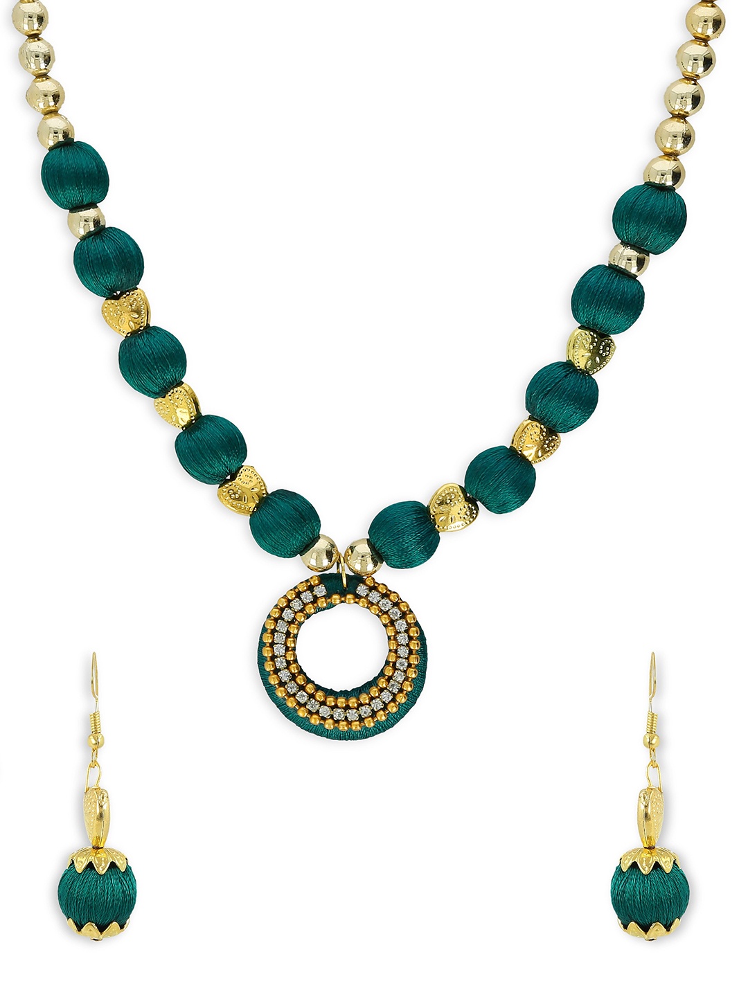 

AKSHARA Gold-Plated Green & White Stone-Studded Beaded Handcrafted Jewellery Set