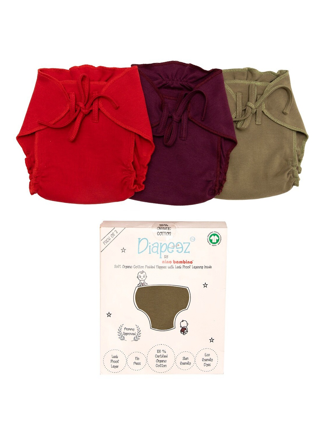 

Nino Bambino Infant Kids Pack Of 3 Assorted Organic Cotton Reusable Cloth Diapers
