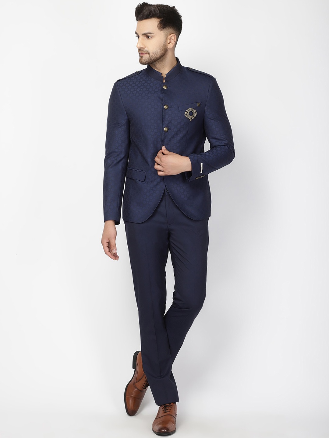 

Blackberrys Men Navy Blue Slim-Fit Bandhgala Party Suit