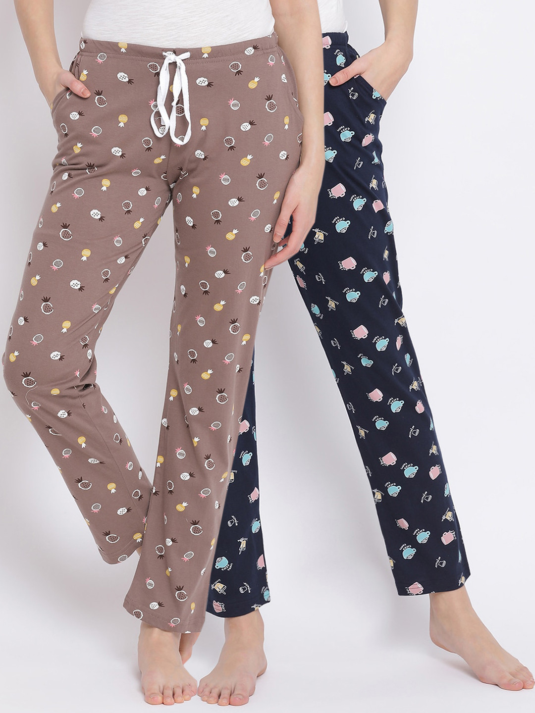

Kanvin Women Pack Of 2 Printed Pure Cotton Lounge Pants, Navy blue