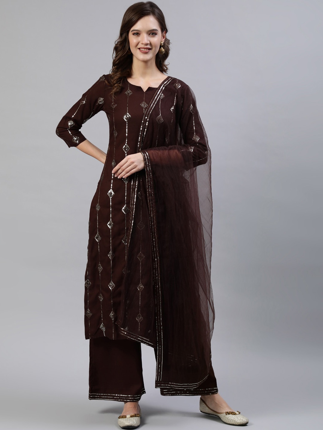

Nayo Women Brown Sequin Embellished Kurta With Palazzo & Net Dupatta, Maroon