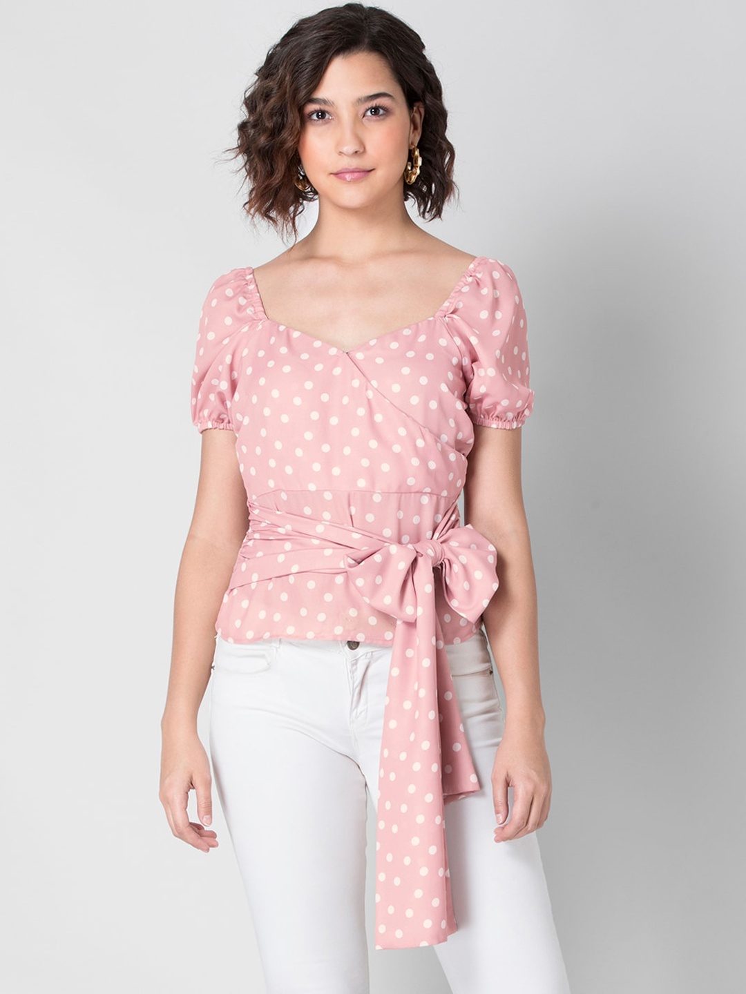 

FabAlley Pink & White Georgette Wrap Top