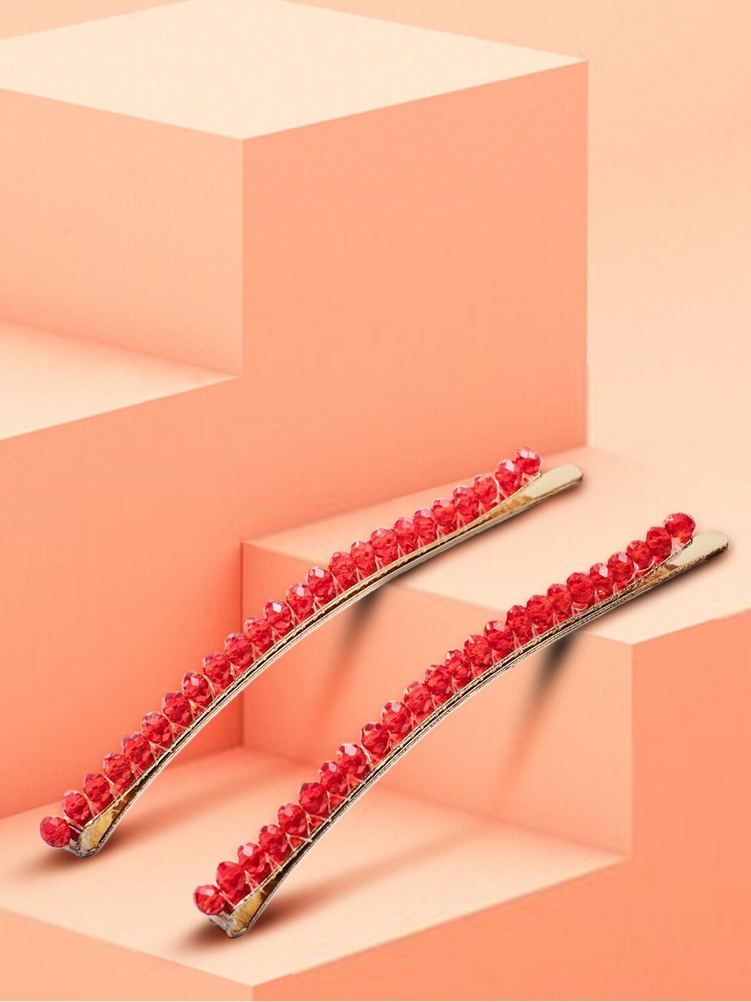 

HAIR DRAMA CO. Set Of 2 Red Embellished Crystal Pin, Gold
