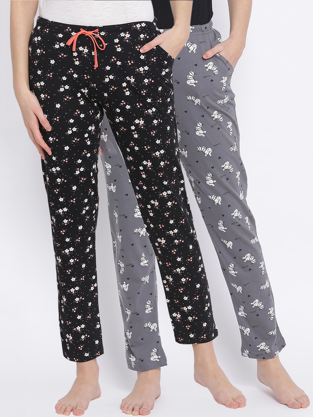 

Kanvin Women Pack Of 2 Printed Pure Cotton Lounge Pants, Grey