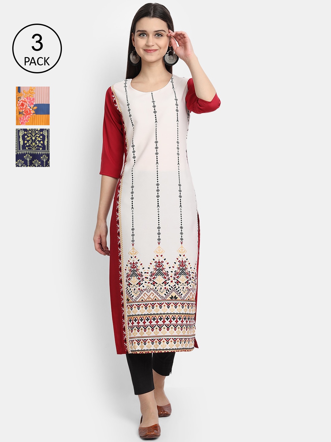 

Ethnic basket Women Pack Of 3 Multicoloured Printed Crepe Kurta, Multi