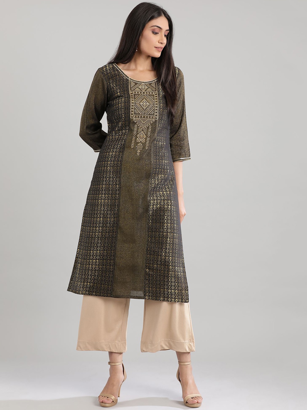

AURELIA Women Olive Green & Gold-Toned Tribal Printed Kurta
