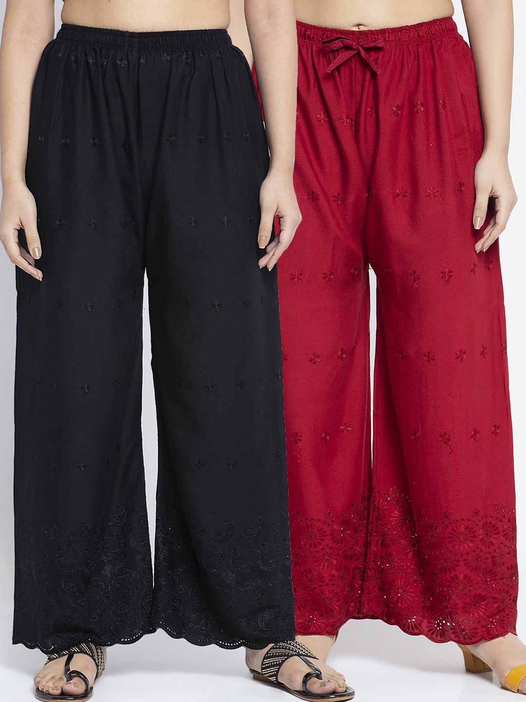 GRACIT Women Pack Of 2 Black & Maroon Embroidered Wide Leg Palazzos