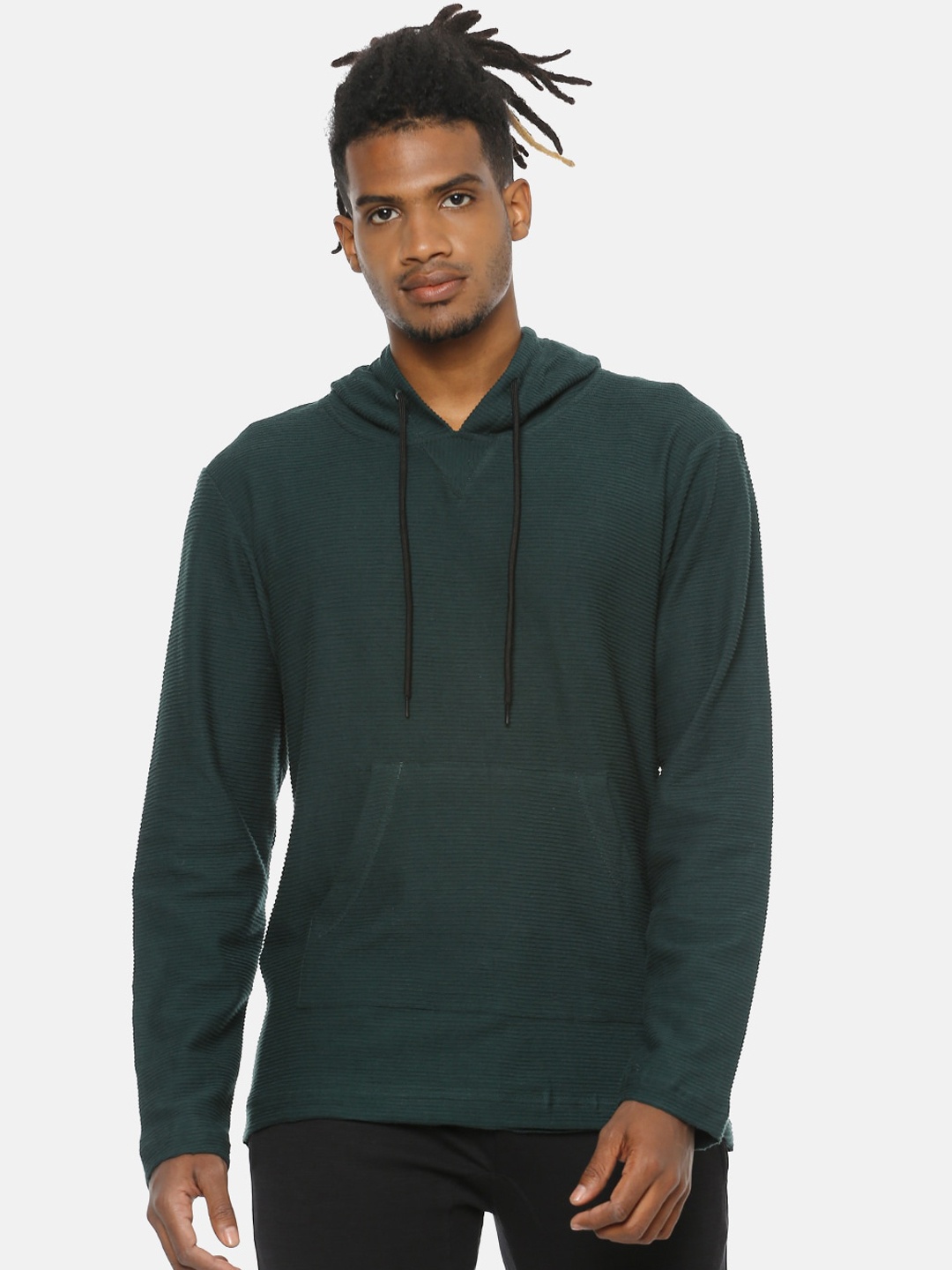 

Campus Sutra Men Green Self-Striped Hooded Sweatshirt