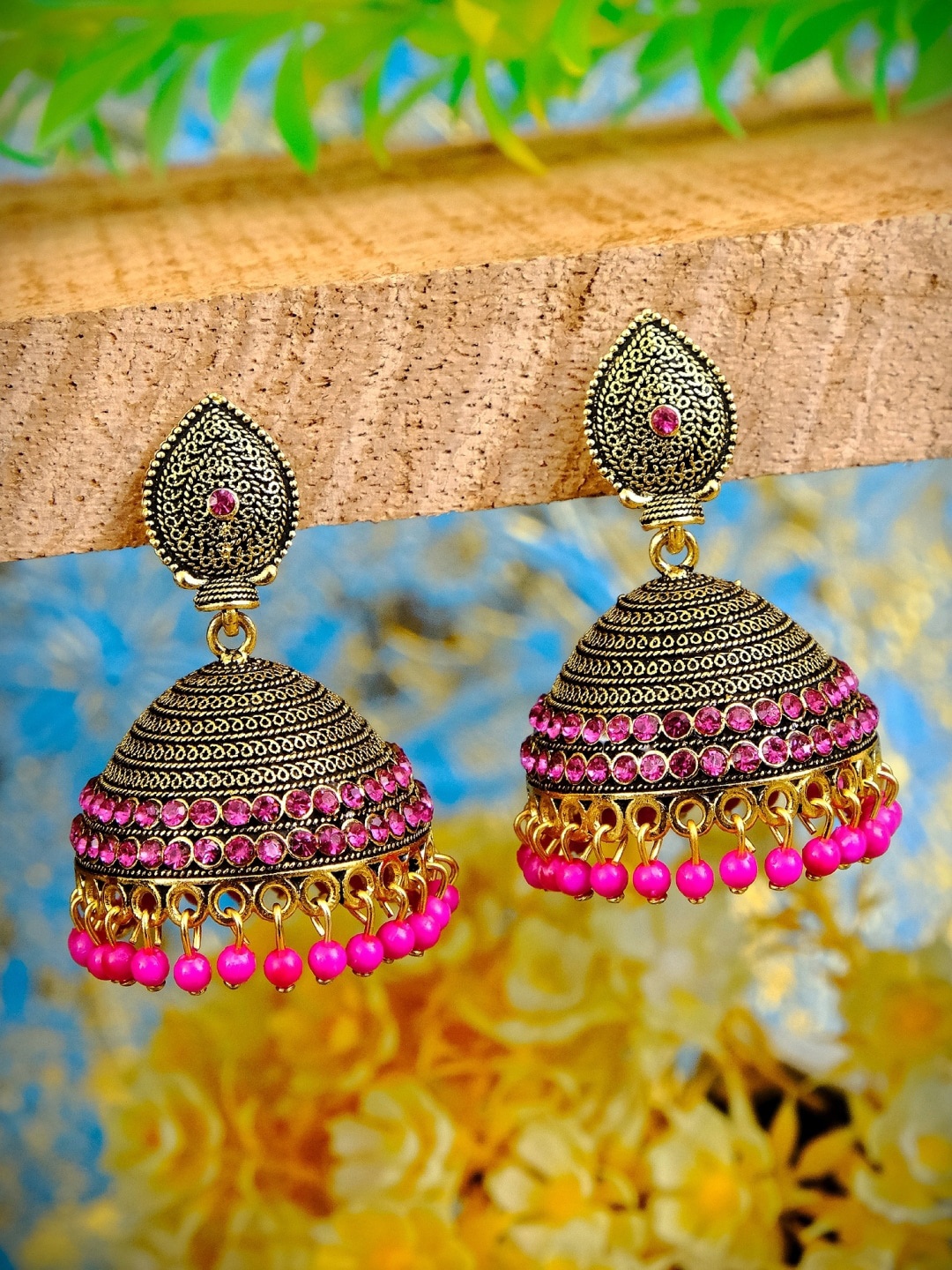

Crunchy Fashion Gold-Plated & Pink Contemporary Jhumkas