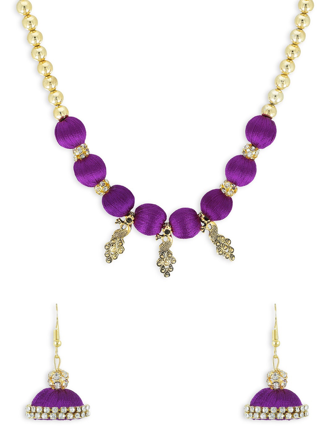 

AKSHARA Gold-Plated Purple & White Stone-Studded Beaded Handcrafted Jewellery Set