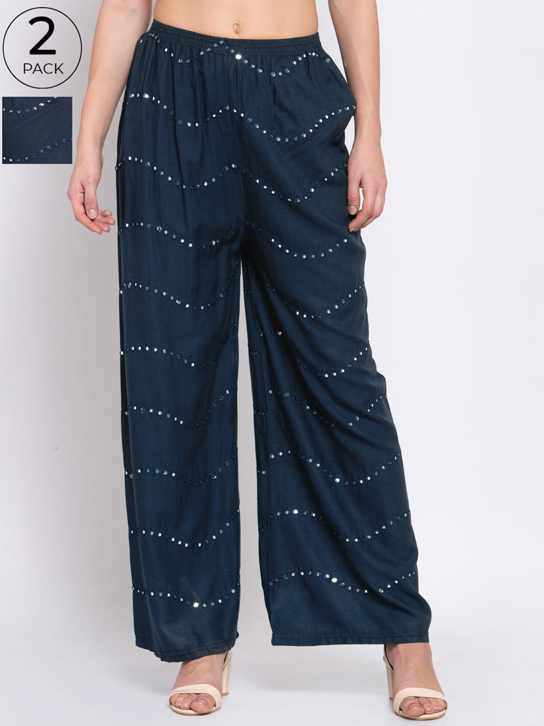 

KLOTTHE Women Pack Of 2 Blue & White Embroidered Wide Leg Palazzos