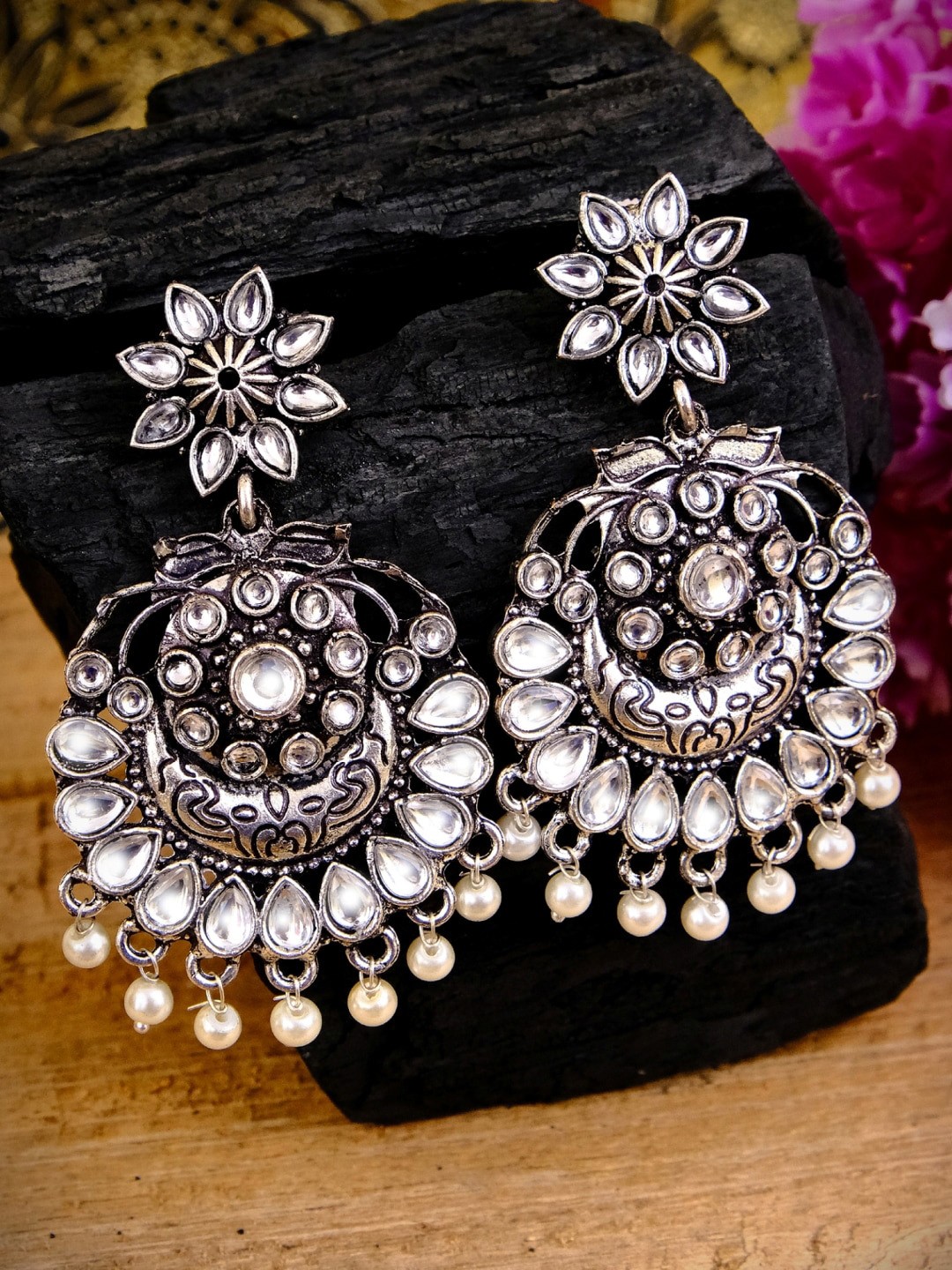 

Crunchy Fashion Silver-Plated & White Handcrafted Contemporary Chandbalis