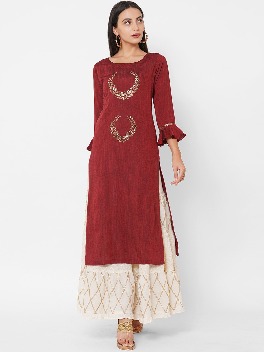 

FASHOR Women Maroon & Gold-Toned Ethnic Motifs Flared Sleeves Thread Work Kurta
