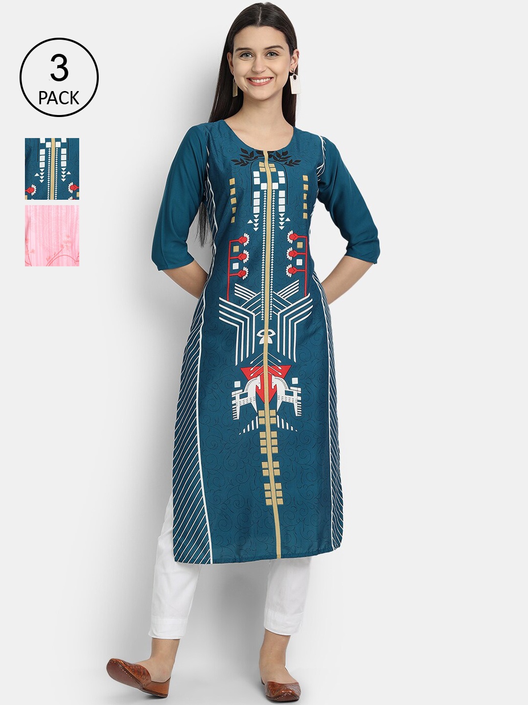 

Ethnic basket Women Pack Of 3 Ethnic Motifs Printed Crepe Kurta, Blue