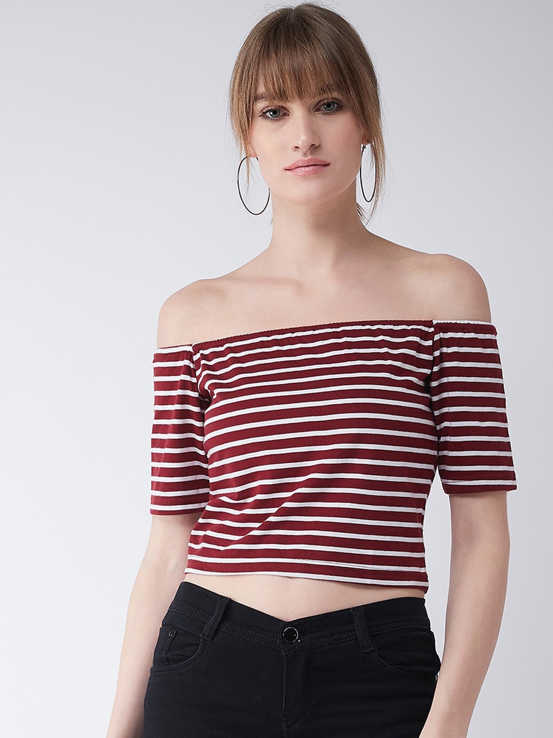 

Miss Chase Red & White Striped Off-Shoulder Bardot Crop Top