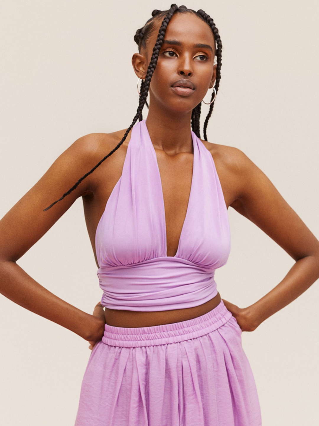 

H&M Women Lavender Solid Cropped Halterneck Top