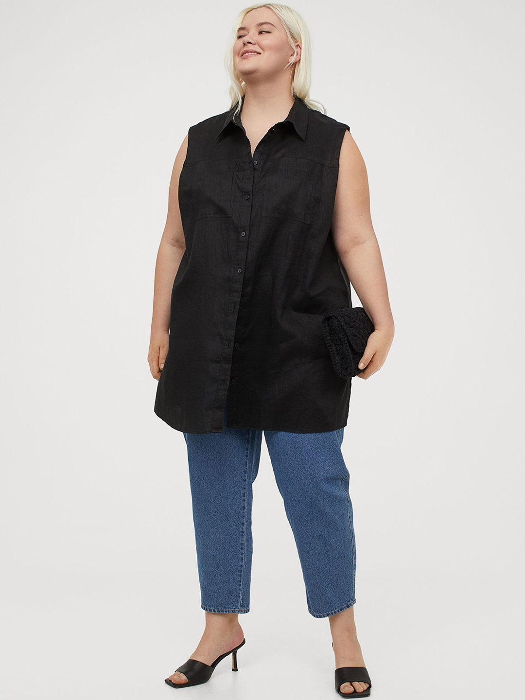 

H&M+ Women Black Solid Sleeveless Linen Shirt
