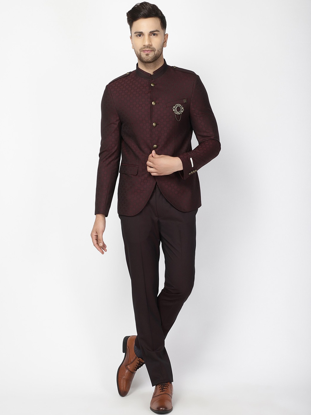 Blackberrys Men Burgundy & Brown Self-Design Slim-Fit Bandhgala Party Suit