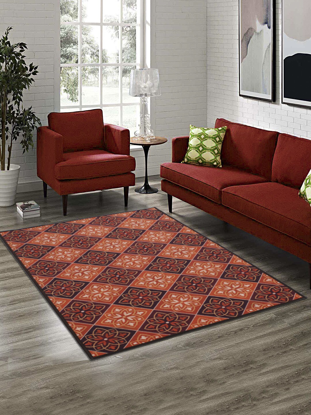 

RUGSMITH Orange & Burgundy Printed Anti-Skid Carpet
