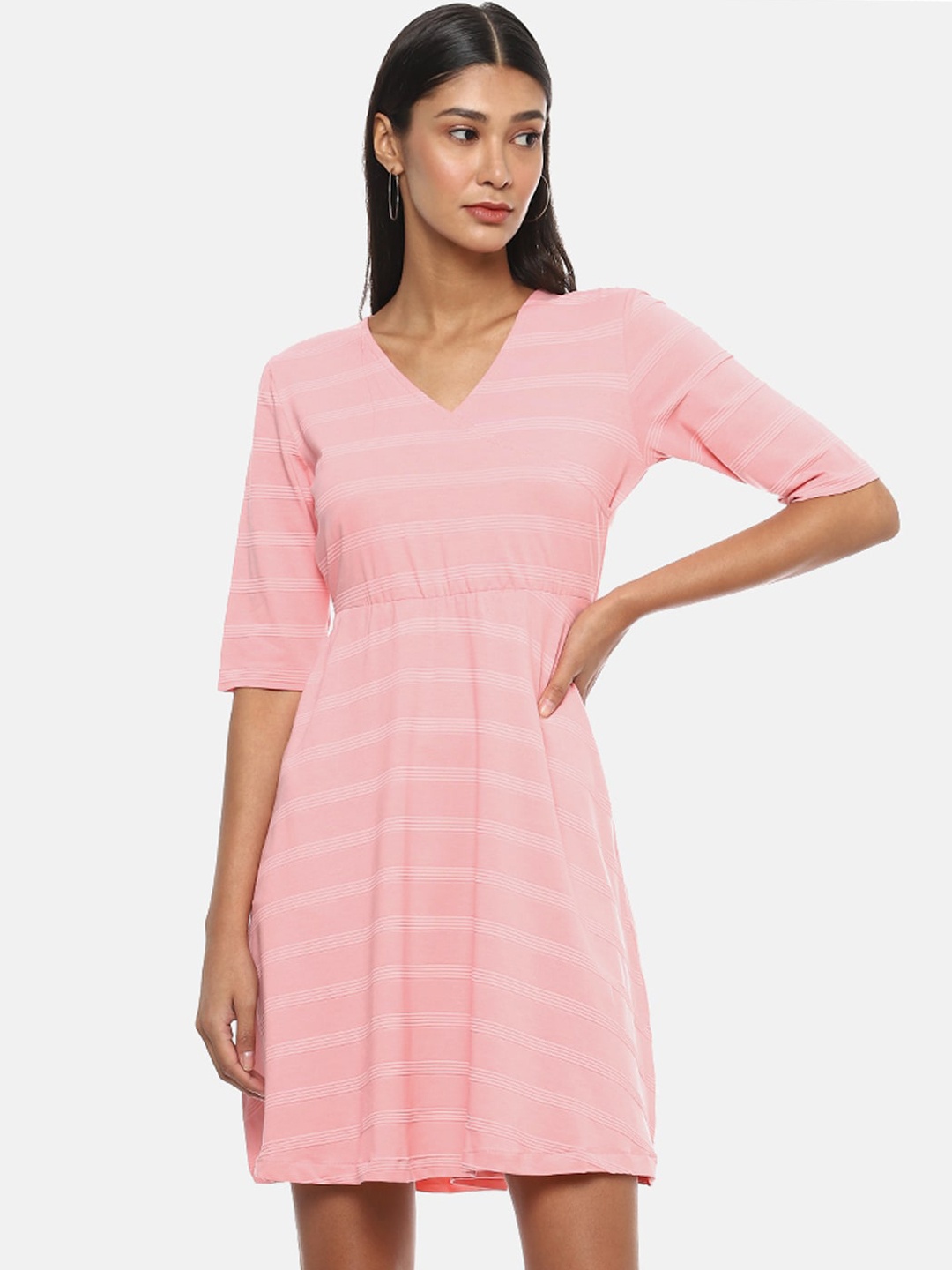 

Campus Sutra Pink Striped Empire Dress