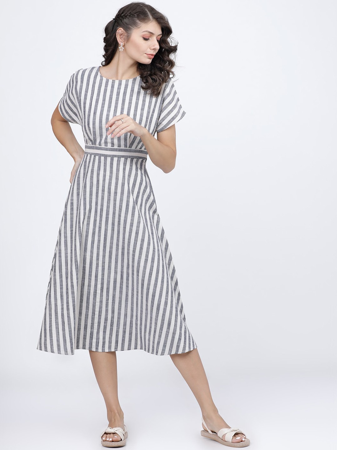

Tokyo Talkies Women Navy Blue & White Striped A-Line Midi Dress