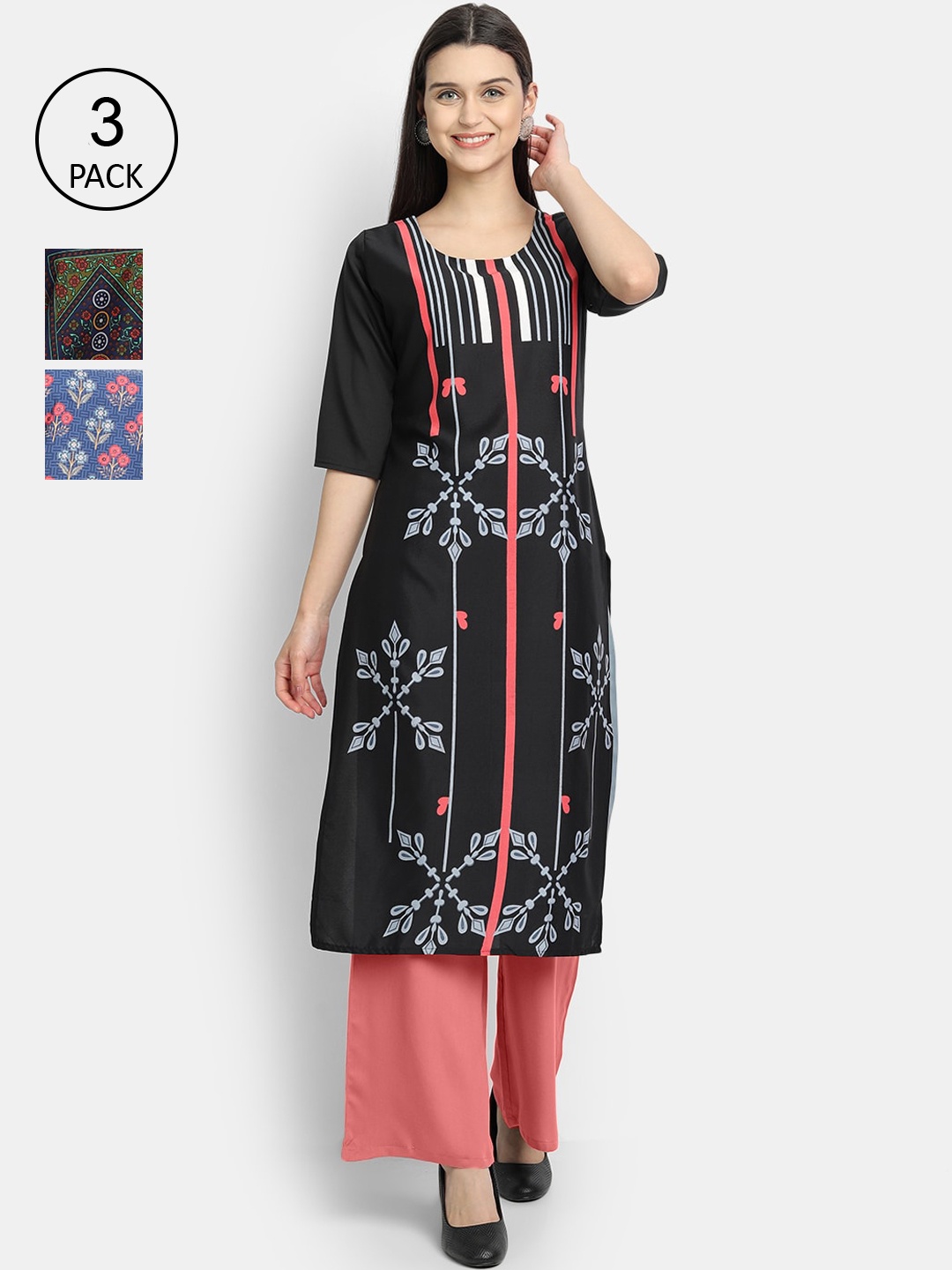

Ethnic basket Women Pack Of 3 Ethnic Motifs Printed Crepe Kurta, Black
