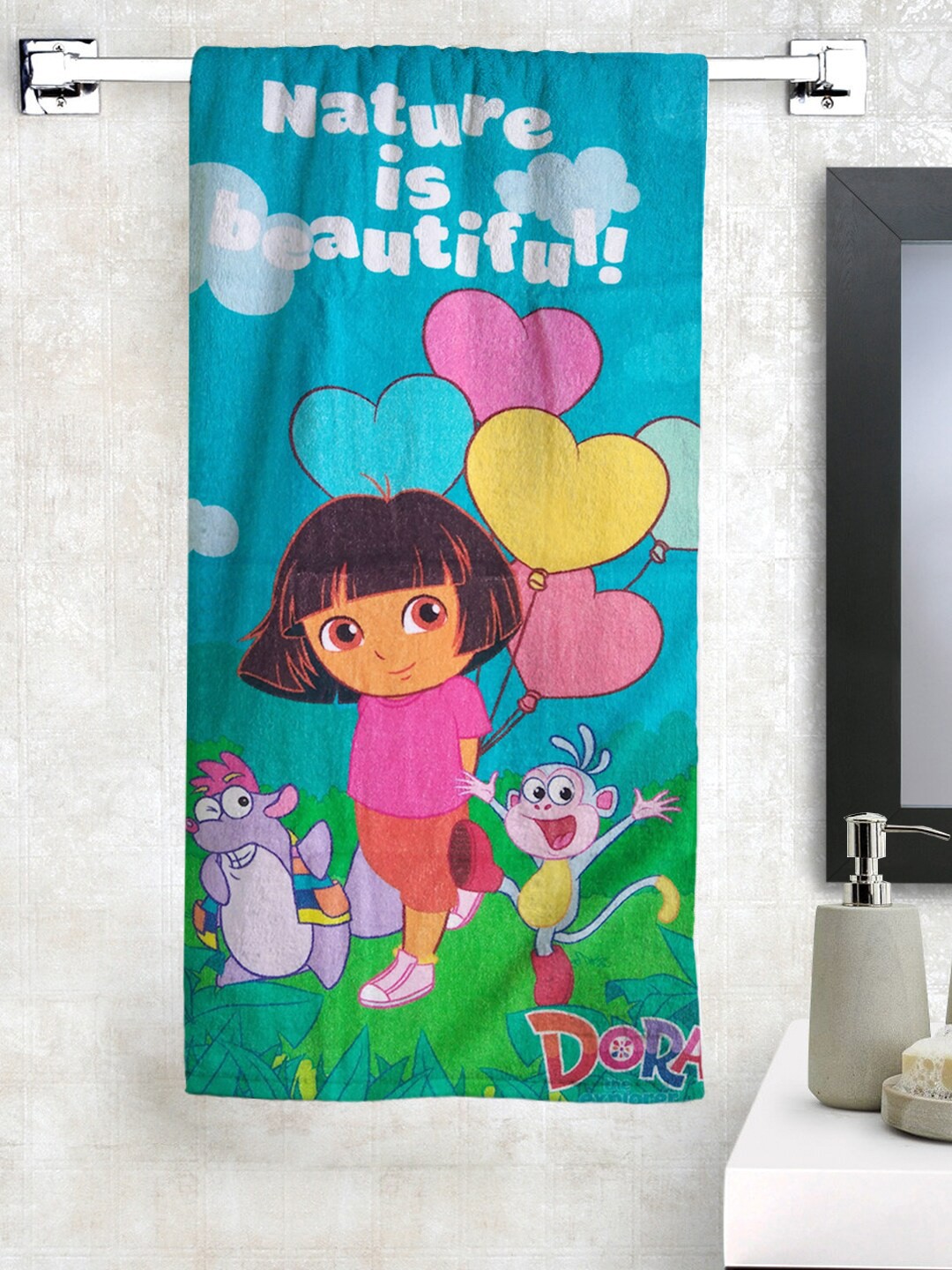 

Athom Trendz Blue & Green Dora Printed 350 GSM Cotton Bath Towel