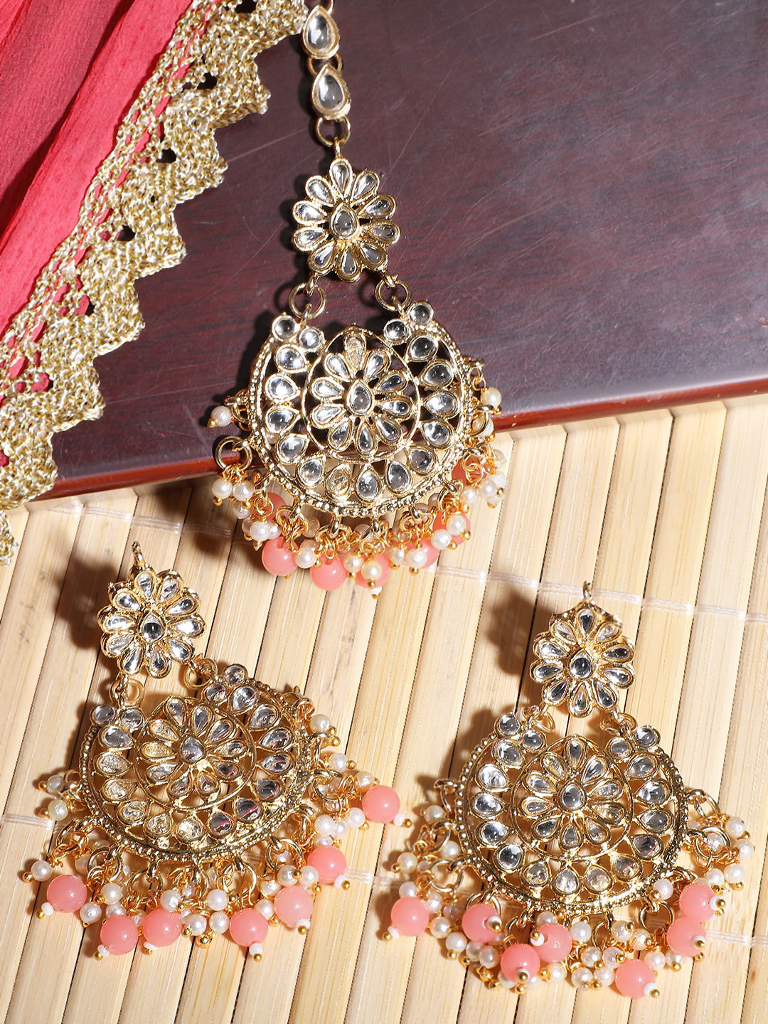

Yellow Chimes Pink & White Gold Plated Beads Meenakari Chandbali Earrings with Maangtikka