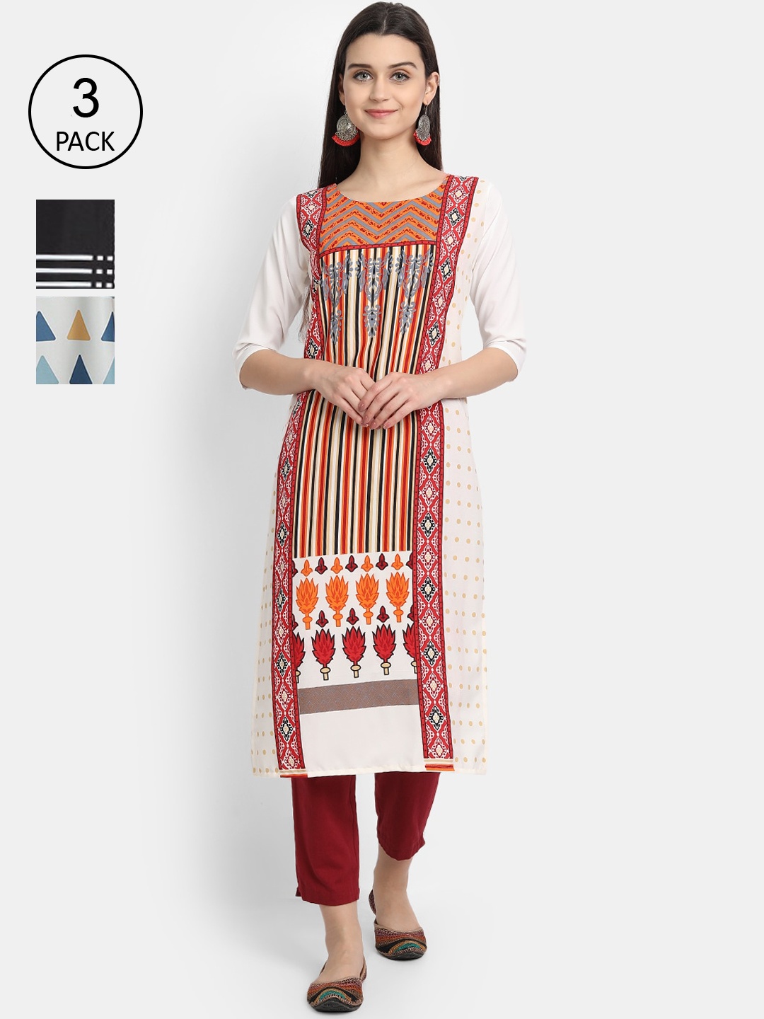 Ethnic basket Women Pack Of 3 Multicoloured Geometric Printed Crepe Kurta, Multi