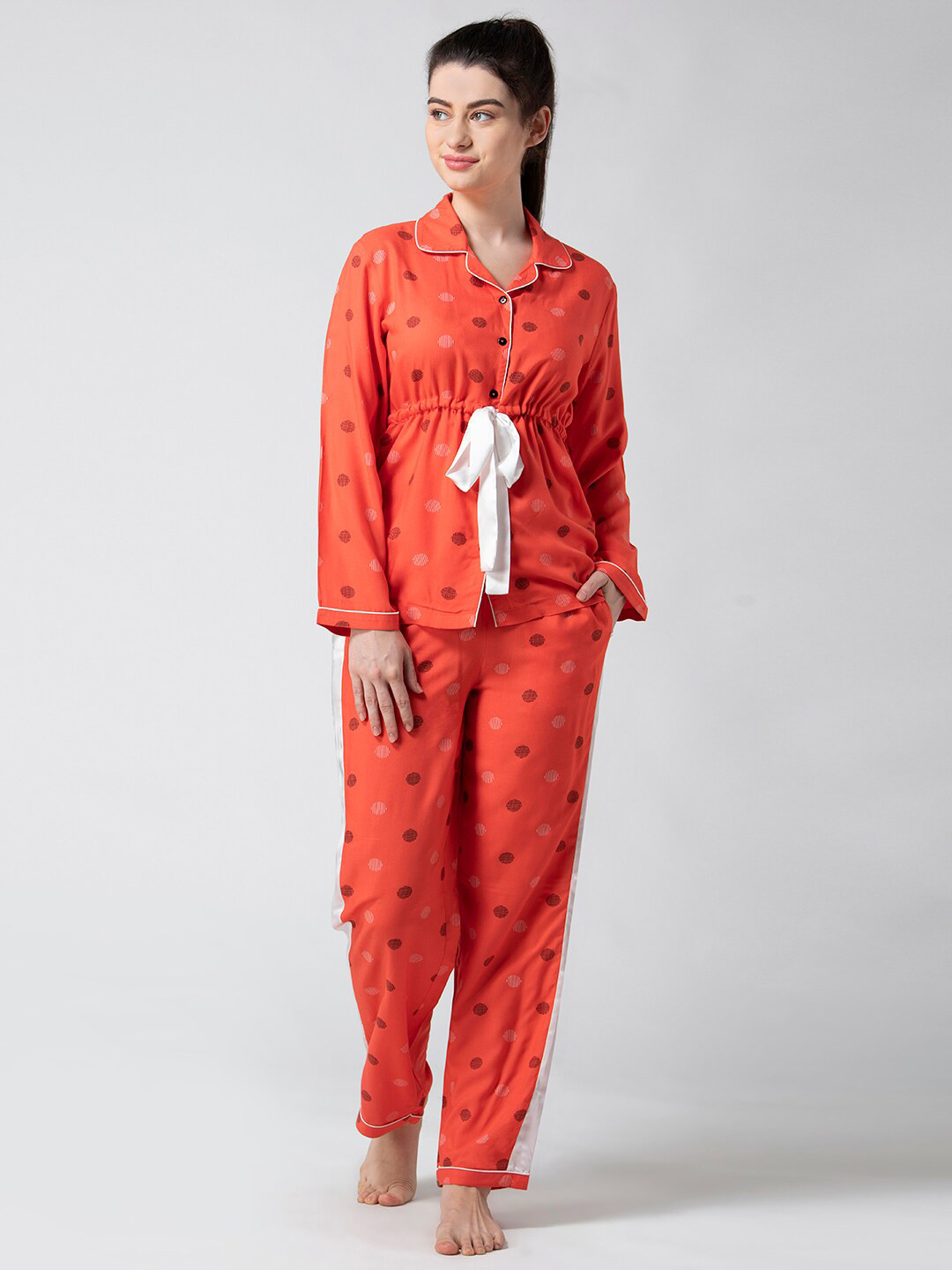 

ADORENITE Women Orange & Black Printed Night suit