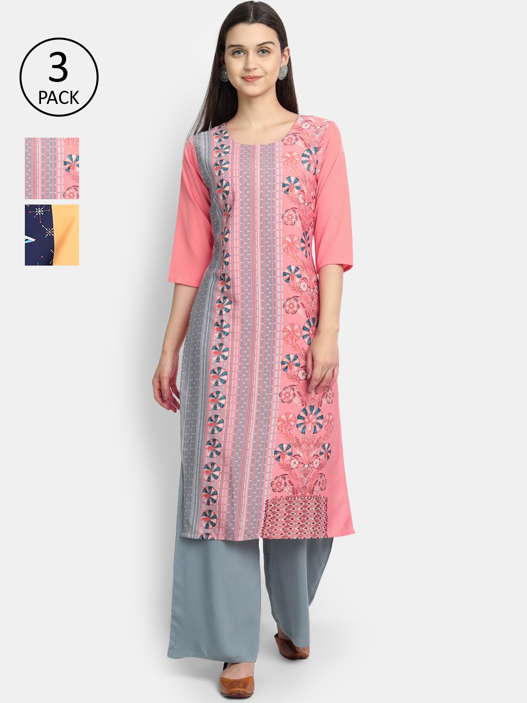 

Ethnic basket Women Pack Of 3 Ethnic Motifs Printed Crepe Kurta, Pink