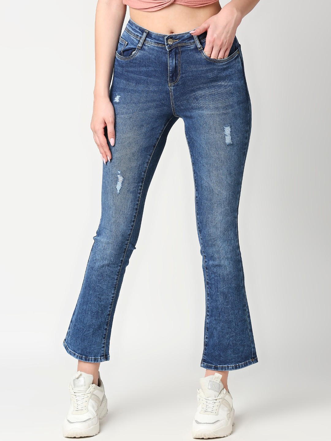 

Kraus Jeans Women Blue Bootcut Low Distress Light Fade Jeans