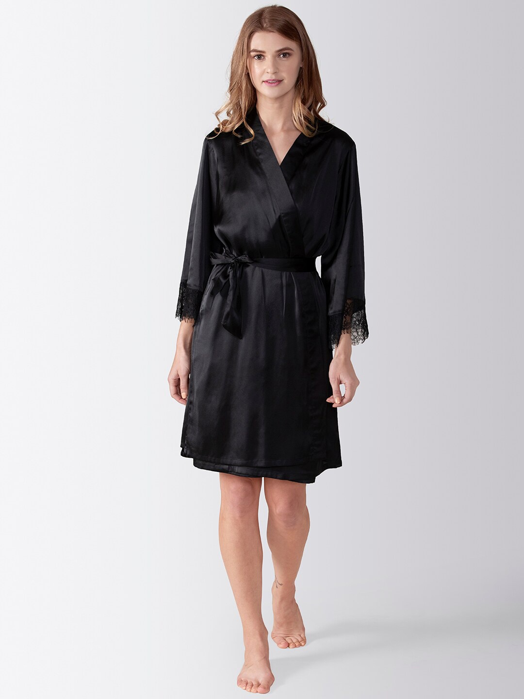 

ADORENITE Black Solid Nightdress With Robe