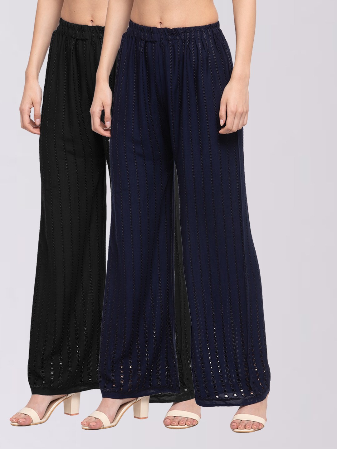 

KLOTTHE Women Pack of 2 Black & Navy Blue Embroidered Wide Leg Palazzos