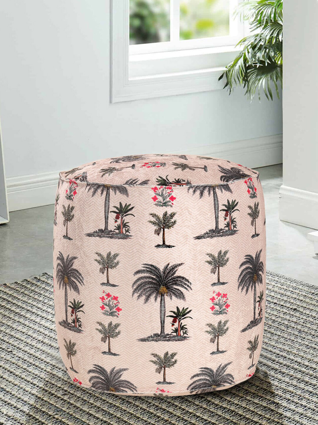 

India Circus by Krsnaa Mehta Cream-Colored & Black Chevron Palms Pouffe