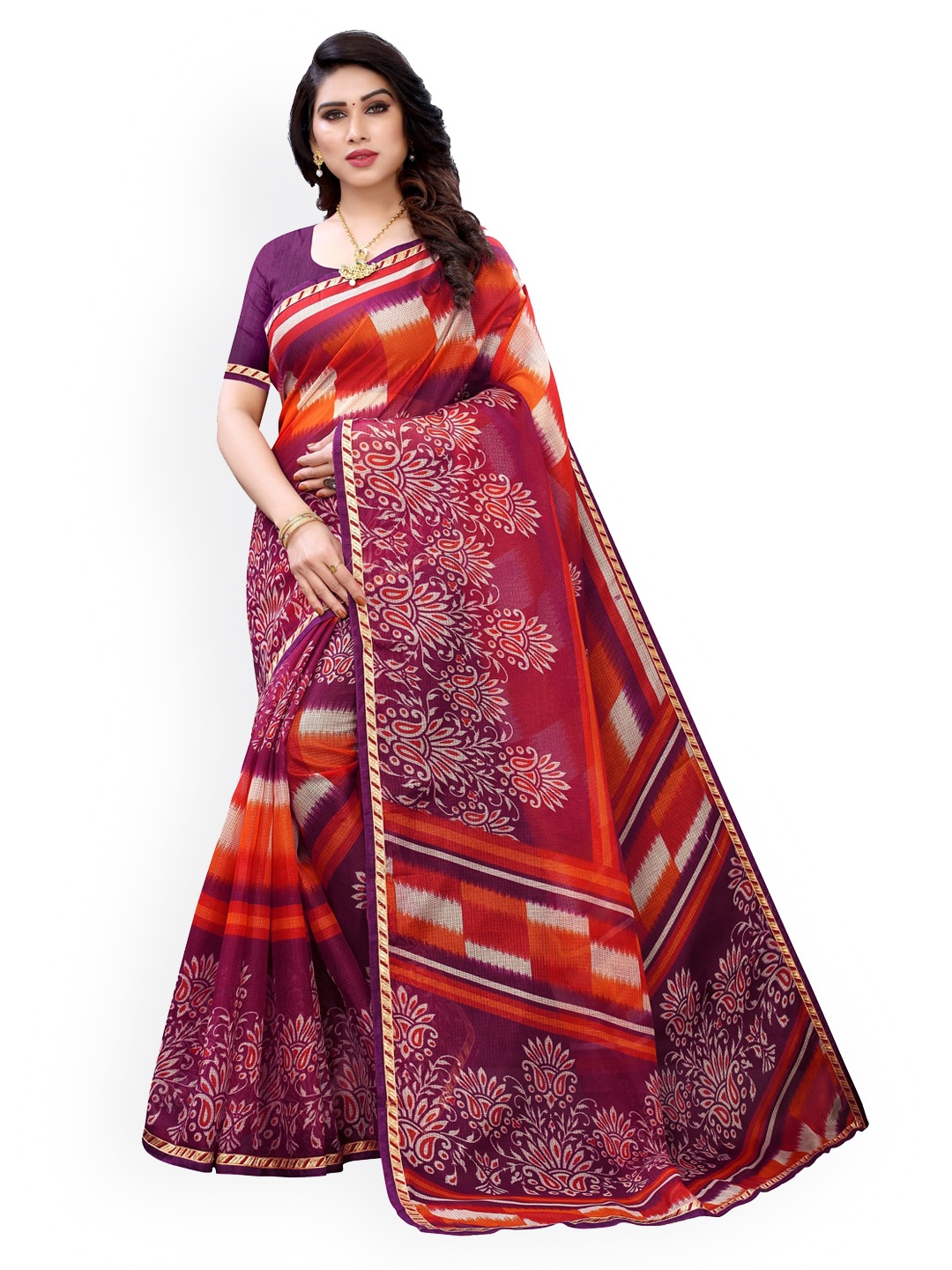 

KALINI Purple & Orange Polycotton Printed Saree