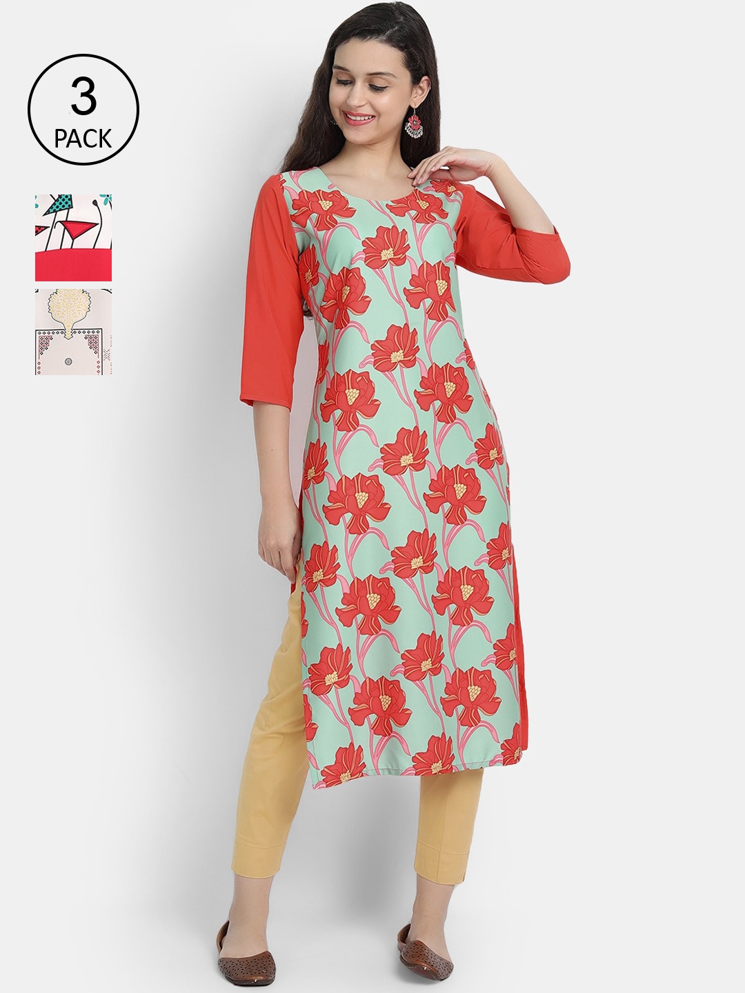 

Ethnic basket Women Pack Of 3 Multicoloured Floral Printed Crepe Kurta, Multi