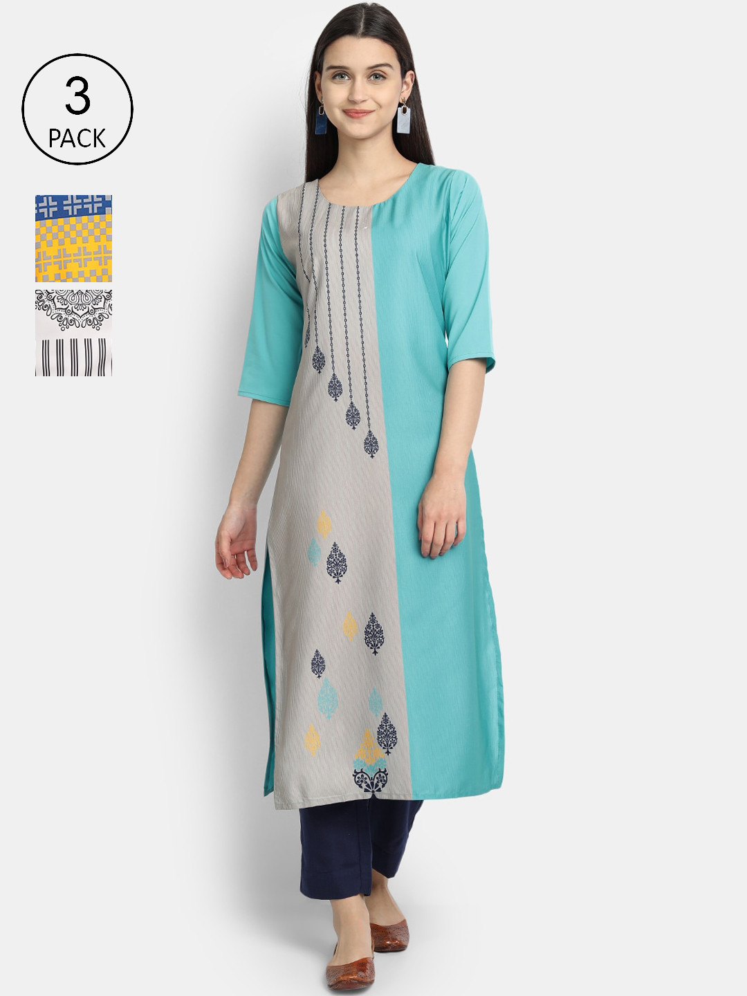 

Ethnic basket Women Pack Of 3 Ethnic Motifs Printed Crepe Kurtas, Blue