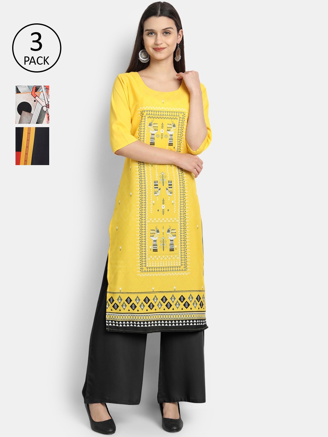 

Ethnic basket Women Pack Of 3 Multicoloured Ethnic Motifs Printed Crepe Kurta, Multi