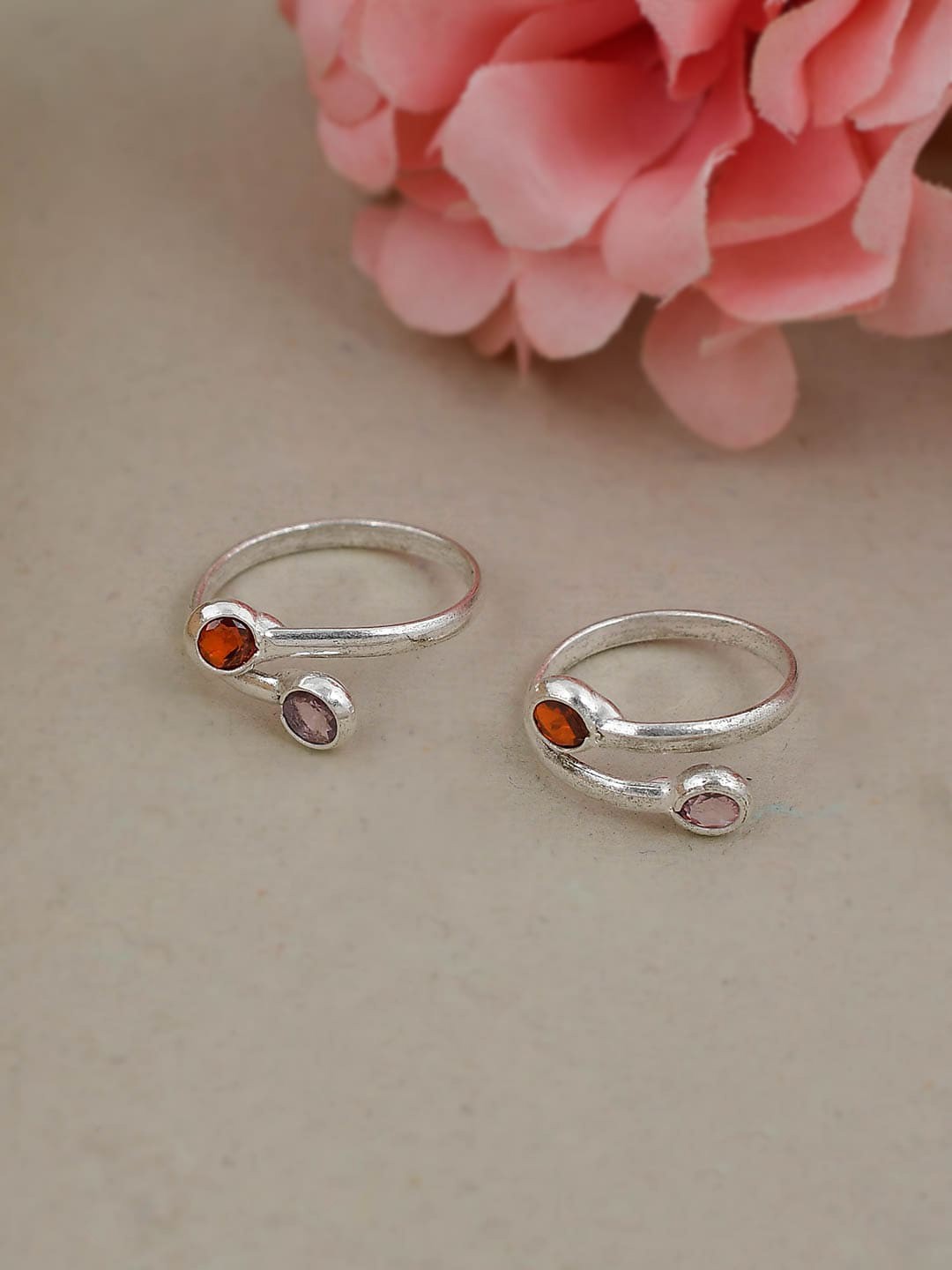 

Silvermerc Designs Set Of 2 Silver-Plated Pink & Orange Amethyst-Studded Handcrafted Adjustable Toe Rings